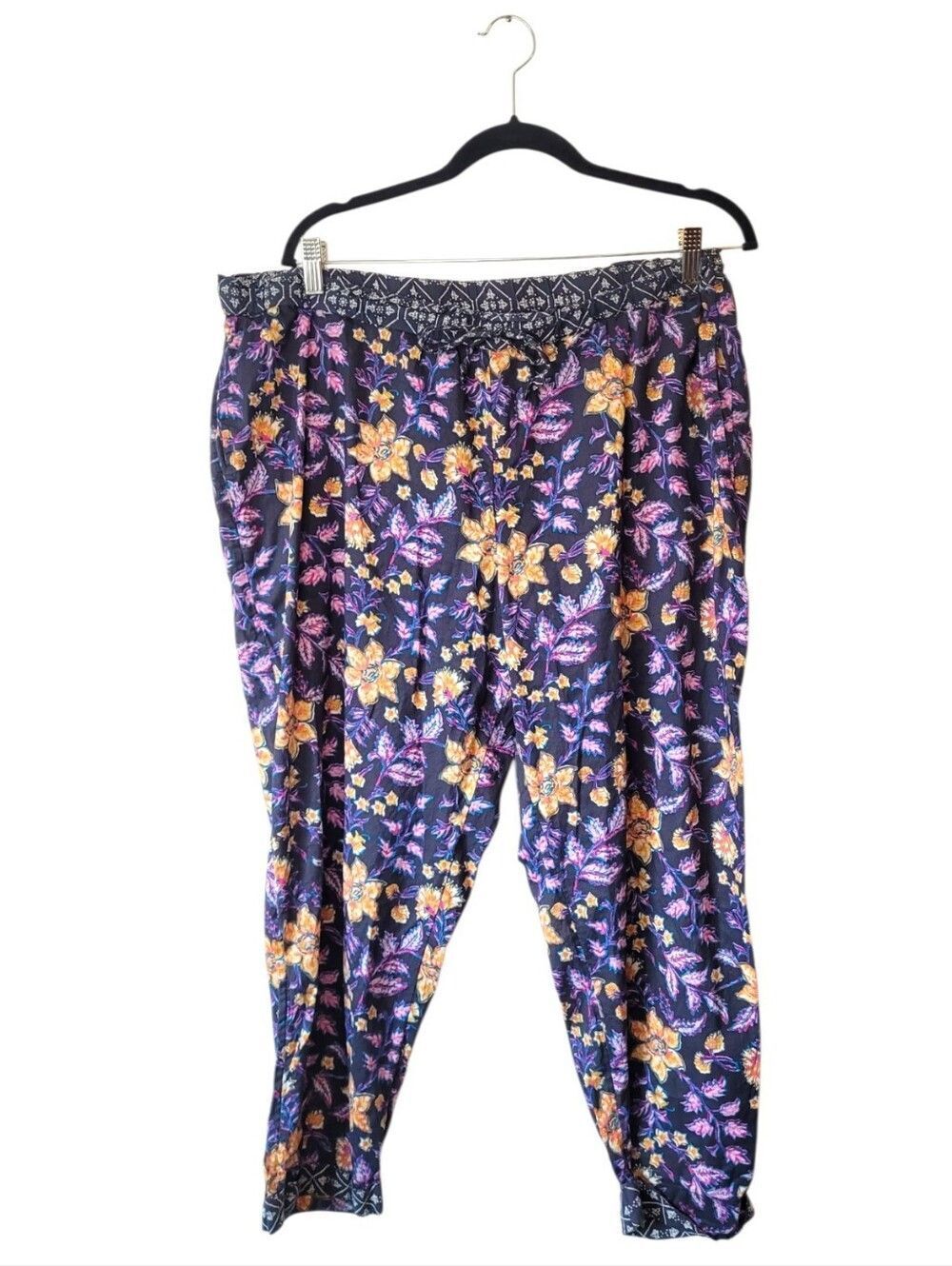 Sundance Floral Print Women's Relaxed Pants Navy Purple Yellow Size XL